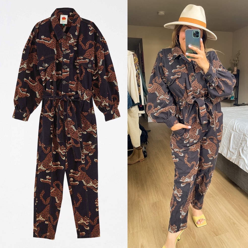 FARM Rio Black and Brown Leopard Print Jumpsuit